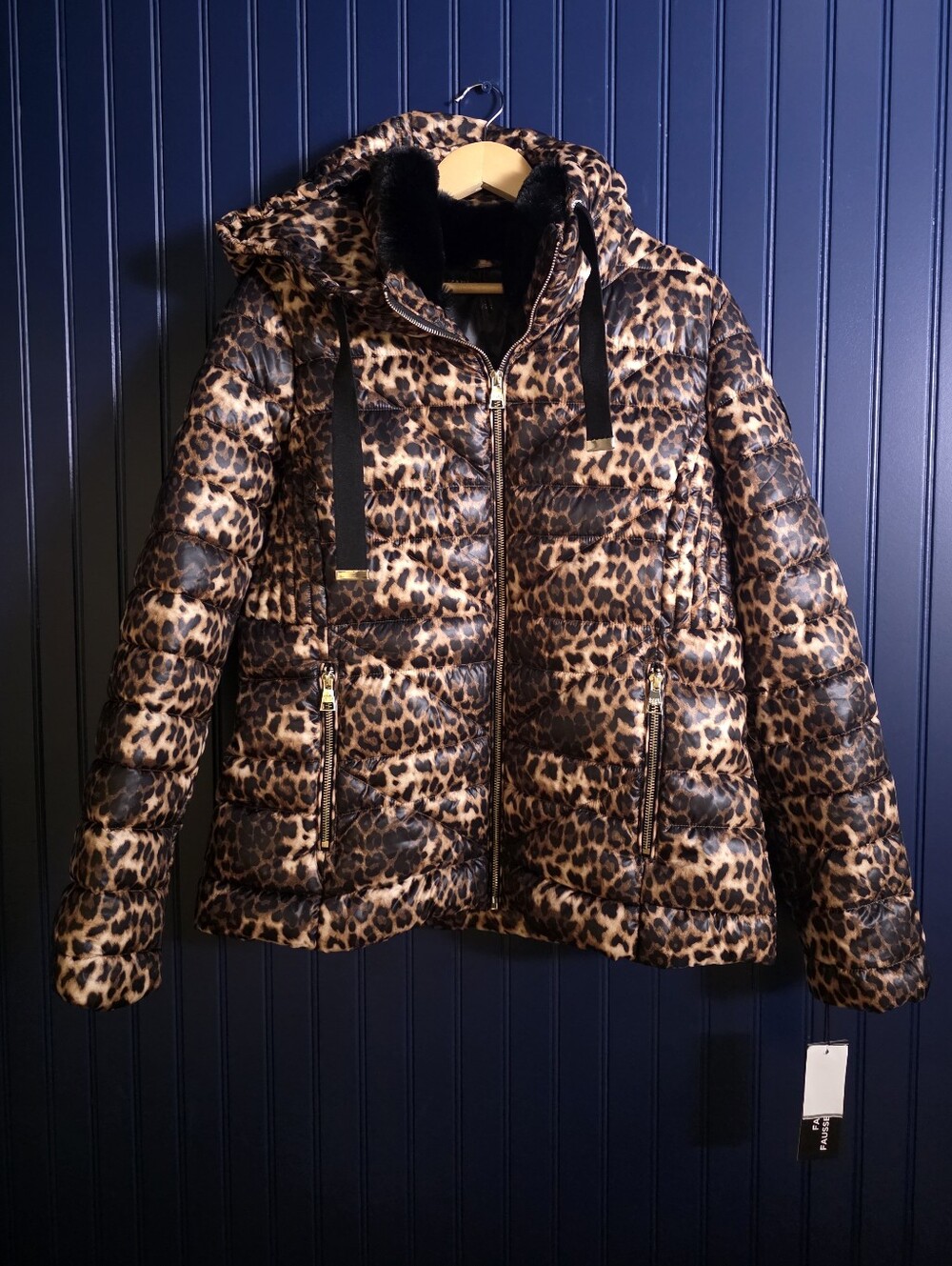 KARL LAGERFELD Leopard Print Puffer Jacket w/ Faux Fur Collar and Hood - Size L
